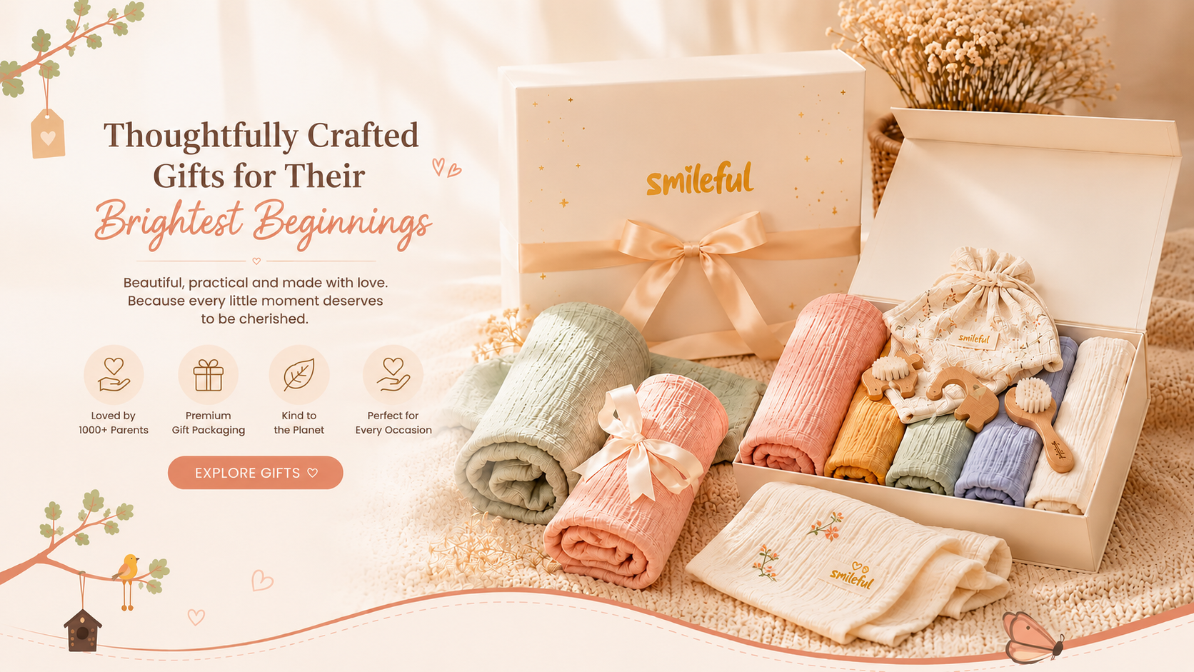 Thoughtfully crafted gifts for their brightest beginnings. Beautiful, practical and made with love. Because every little moment deserves to be cherished. Loved by 1000+ parents, premium gift packaging, kind to the planet, perfect for every occasion. Smileful gift box with ribbon, soft muslin swaddles, wooden accessories, and birth announcement card inside a beautiful keepsake box.