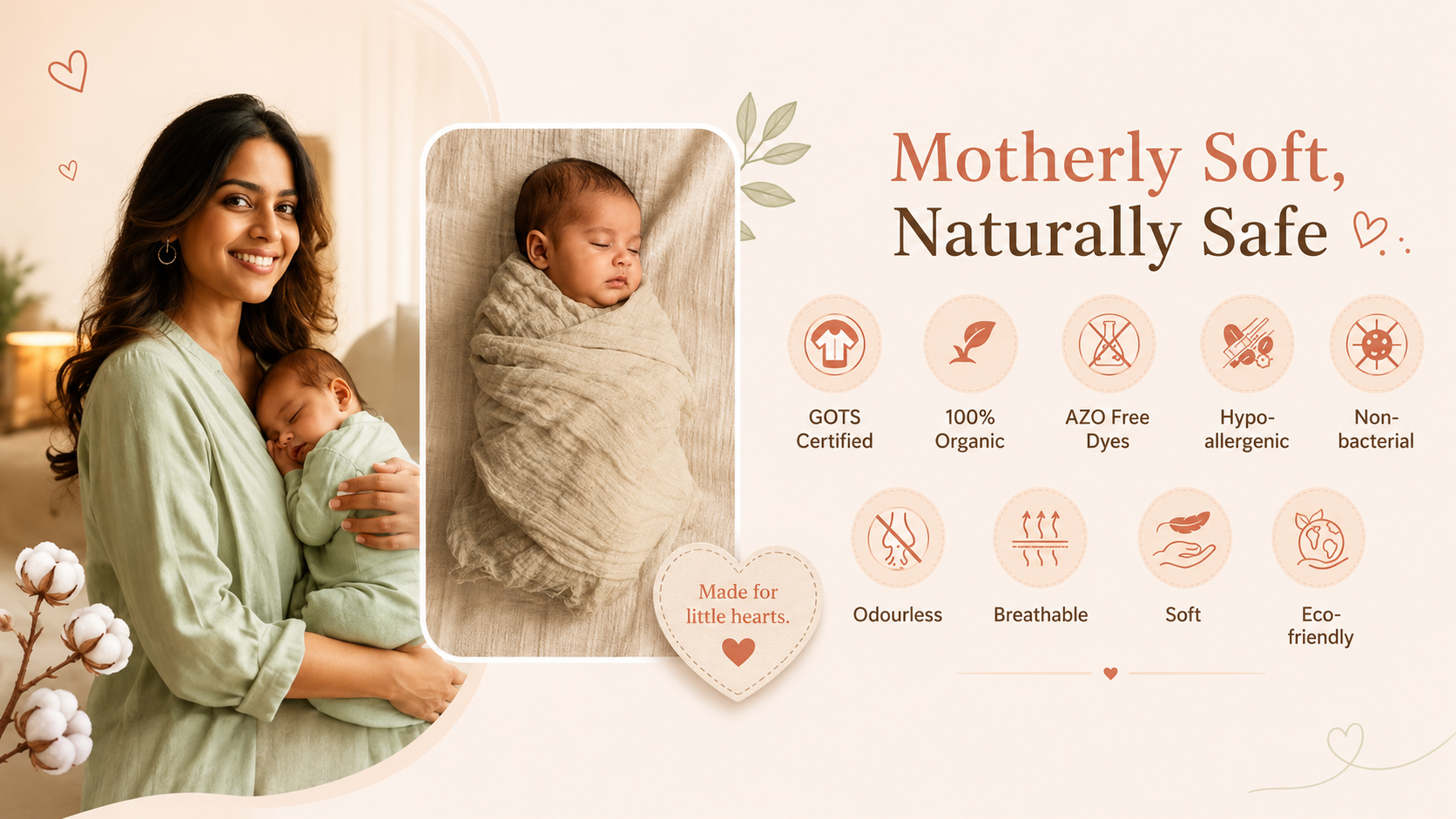 Motherly soft, naturally safe. A smiling mother in green holding her peaceful newborn wrapped in soft cream muslin swaddle. 100% Organic Cotton, AZO Free Dyes, Hypoallergenic, Non-bacterial, Odourless, Breathable, Soft, Eco-friendly. Made for little hearts. Gentle on baby's skin.