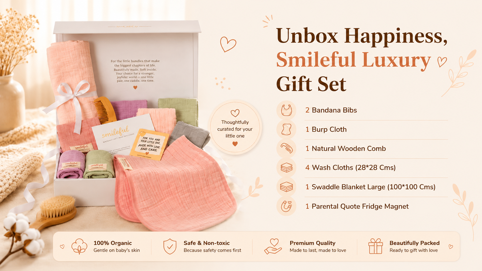 Unbox Happiness — Smileful Luxury Gift Set. What's inside: 2 Bandana Bibs, 1 Burp Cloth, 1 Natural Wooden Comb, 4 Wash Cloths (28x28 Cms), 1 Swaddle Blanket Large (100x100 Cms), 1 Parental Quote Fridge Magnet. 100% Organic, Safe & Non-toxic, Premium Quality, Beautifully Packed. Ready to gift with love.